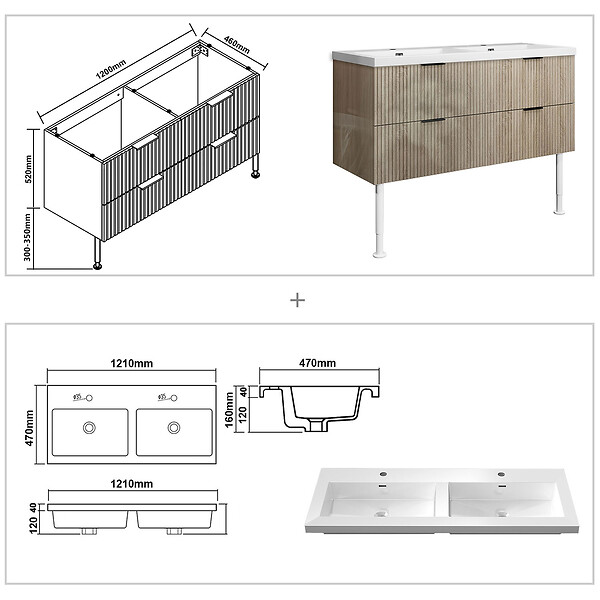AICA SANITAIRE - Meuble de salle de bain à poser au sol brilliant 120 cm, 4 tiroirs, MDF chêne, avec vasque + pieds - large