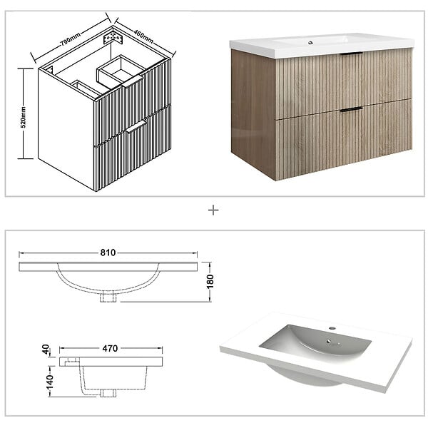 AICA SANITAIRE - Meuble de salle de bain suspendu 80 cm, 2 tiroirs, avec vasque,MDF chêne brillant - large