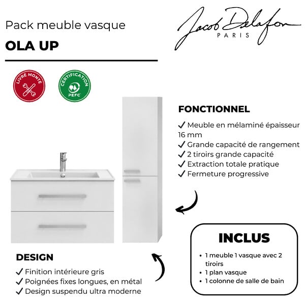 JACOB DELAFON - Pack meuble vasque 80 cm Ola up blanc + colonne - large