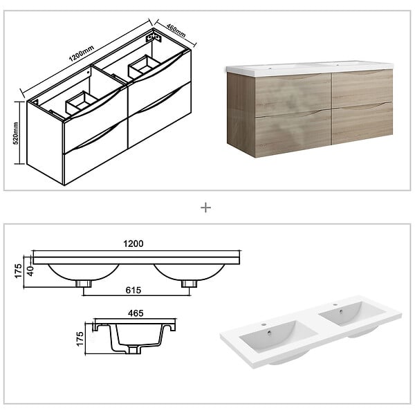 AICA SANITAIRE - Meuble de salle de bain suspendu 120 cm, 4 tiroirs, avec vasque,MDF chêne brillant - large
