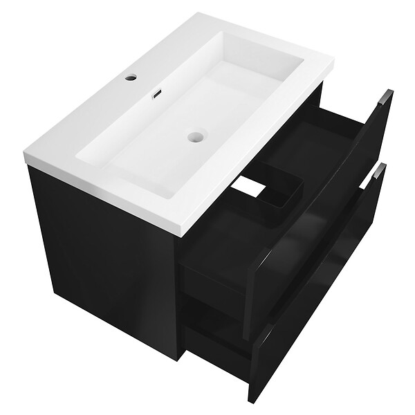 AICA SANITAIRE - Meuble de salle de bain suspendu 80 cm, 2 tiroirs, avec vasque blanche,MDF noir - large
