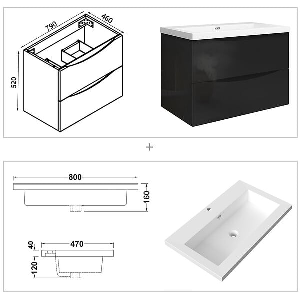 AICA SANITAIRE - Meuble de salle de bain suspendu 80 cm, 2 tiroirs, avec vasque blanche,MDF noir - large