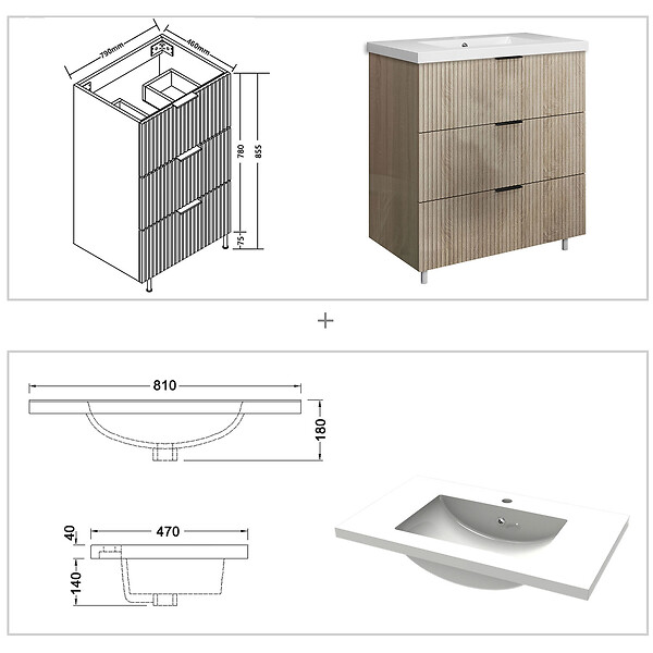 AICA SANITAIRE - Meuble de salle de bain brilliant 80 cm, 3 tiroirs, MDF chêne, avec vasque + pieds - large