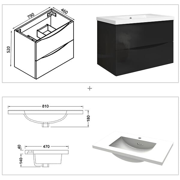 AICA SANITAIRE - Meuble de salle de bain suspendu 80 cm, 2 tiroirs, avec vasque,MDF noir - large