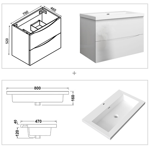 AICA SANITAIRE - Meuble de salle de bain suspendu 80 cm, 2 tiroirs, avec vasque blanche,MDF blanc - large