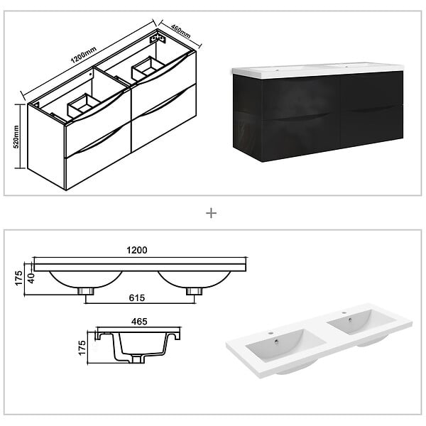 AICA SANITAIRE - Meuble de salle de bain suspendu 120 cm, 4 tiroirs, avec vasque,MDF noir brillant - large