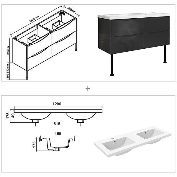 AICA SANITAIRE - Meuble de salle de bain 120 cm, 4 tiroirs, MDF anthracite, avec double vasque + pieds - large