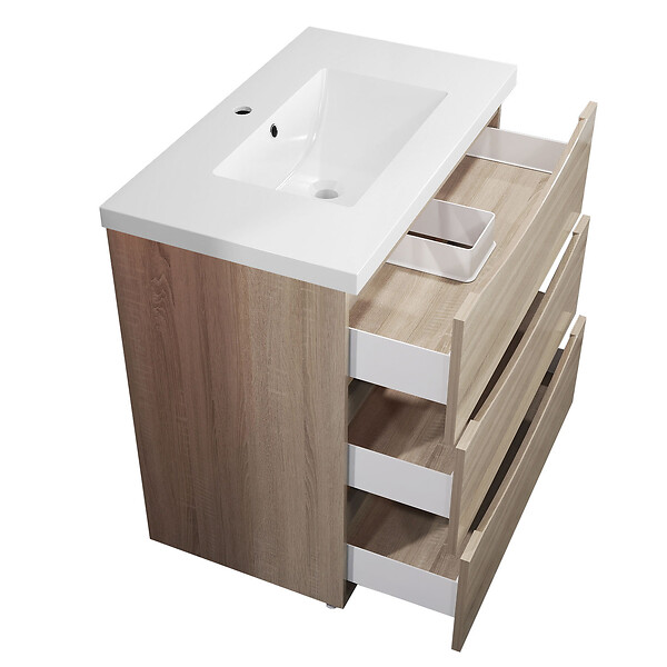 AICA SANITAIRE - Meuble de salle de bain 80 cm, 3 tiroirs, MDF chêne, avec vasque + pieds - large