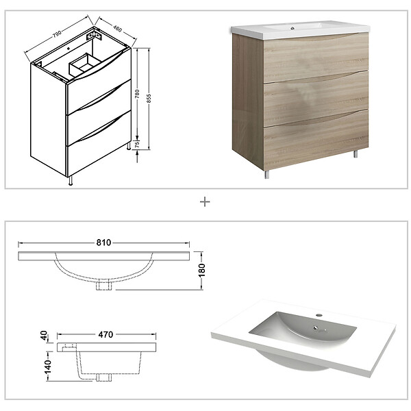 AICA SANITAIRE - Meuble de salle de bain 80 cm, 3 tiroirs, MDF chêne, avec vasque + pieds - large