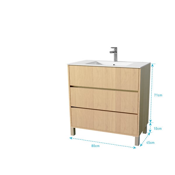 AURLANE - Pack Meuble Salle de Bains 80 cm Chêne Clair, 3 tiroirs avec Vasque Céramique - XENOS - large