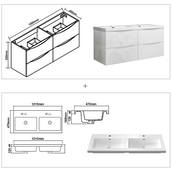 AICA SANITAIRE - Meuble de salle de bain suspendu 120 cm, 4 tiroirs, avec vasque blanche,MDF blanc - large