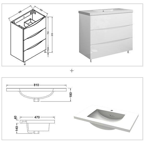 AICA SANITAIRE - Meuble de salle de bain 100 cm, 3 tiroirs, MDF blanc, avec vasque + pieds - large