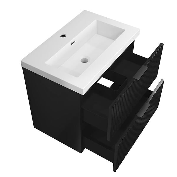 AICA SANITAIRE - Meuble de salle de bain suspendu 60 cm, 2 tiroirs, avec vasque blanche,MDF noir brillant - large