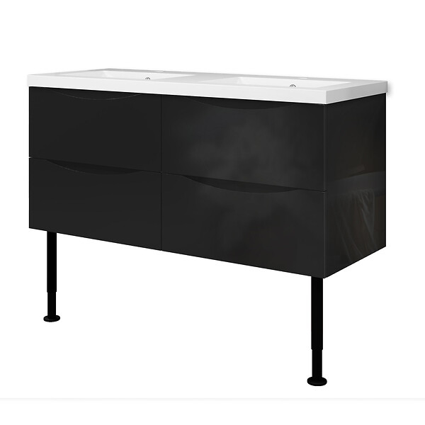AICA SANITAIRE - Meuble de salle de bain 120 cm, 4 tiroirs, MDF noir, avec double vasque + pieds - large