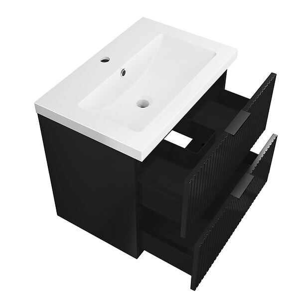 AICA SANITAIRE - Meuble de salle de bain suspendu 60 cm, 2 tiroirs, avec vasque,MDF noir brillant - large