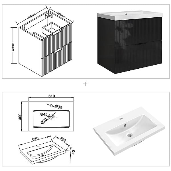 AICA SANITAIRE - Meuble de salle de bain suspendu 60 cm, 2 tiroirs, avec vasque,MDF noir brillant - large