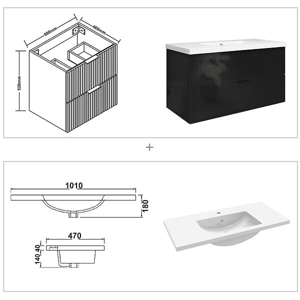 AICA SANITAIRE - Meuble de salle de bain suspendu 100 cm, 2 tiroirs, avec vasque,MDF noir brillant - large