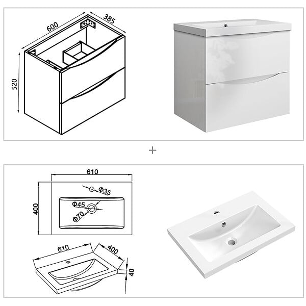 AICA SANITAIRE - Meuble de salle de bain suspendu 60 cm, 2 tiroirs, avec vasque,MDF blanc - large