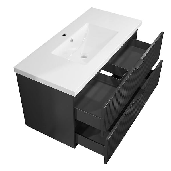 AICA SANITAIRE - Meuble de salle de bain suspendu 100 cm, 2 tiroirs, avec vasque,MDF anthracite brillant - large