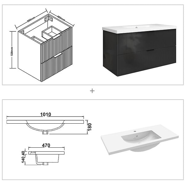 AICA SANITAIRE - Meuble de salle de bain suspendu 100 cm, 2 tiroirs, avec vasque,MDF anthracite brillant - large