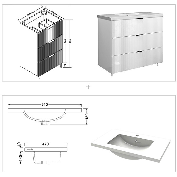 AICA SANITAIRE - Meuble de salle de bain brilliant 100 cm, 3 tiroirs, MDF blanc, avec vasque + pieds - large