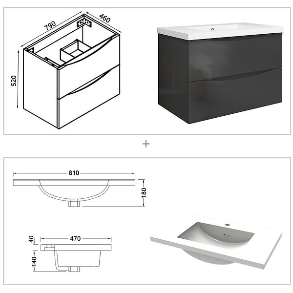 AICA SANITAIRE - Meuble de salle de bain suspendu 80 cm, 2 tiroirs, avec vasque,MDF anthracite - large
