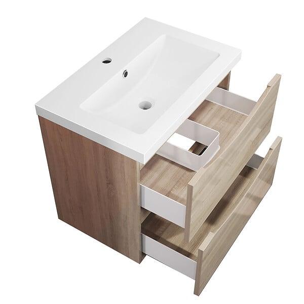 AICA SANITAIRE - Meuble de salle de bain suspendu 60 cm, 2 tiroirs, avec vasque,MDF chêne - large