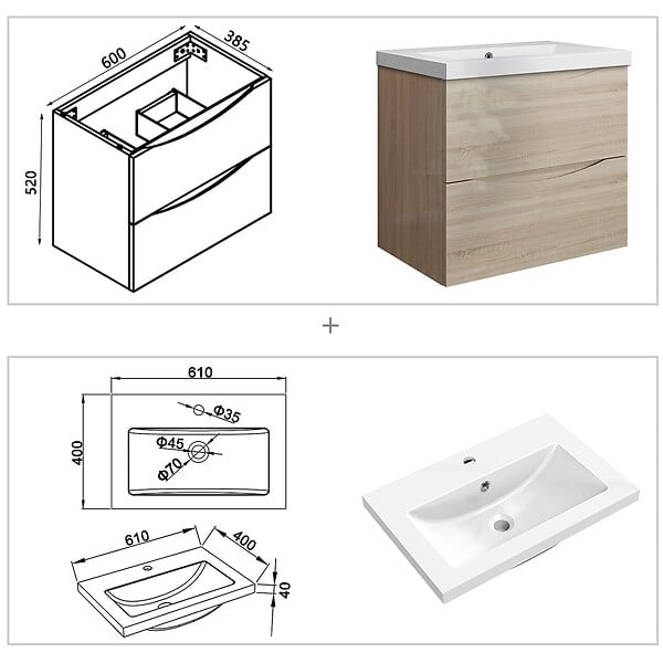 AICA SANITAIRE - Meuble de salle de bain suspendu 60 cm, 2 tiroirs, avec vasque,MDF chêne - large
