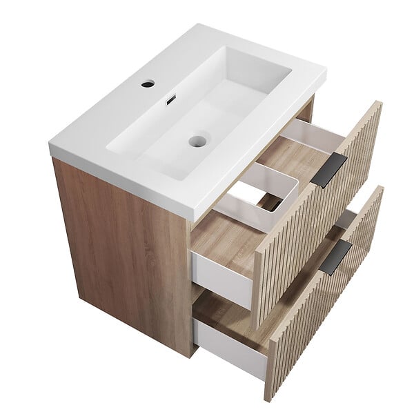 AICA SANITAIRE - Meuble de salle de bain suspendu 60 cm, 2 tiroirs, avec vasque blanche,MDF chêne brillant - large