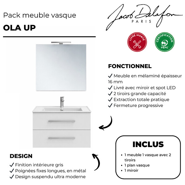 JACOB DELAFON - Pack meuble vasque 60 cm Ola up blanc + miroir + spot - large
