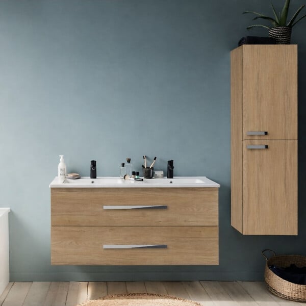 JACOB DELAFON - Meuble double vasque 120 cm Ola up + colonne de salle de bain chêne - large