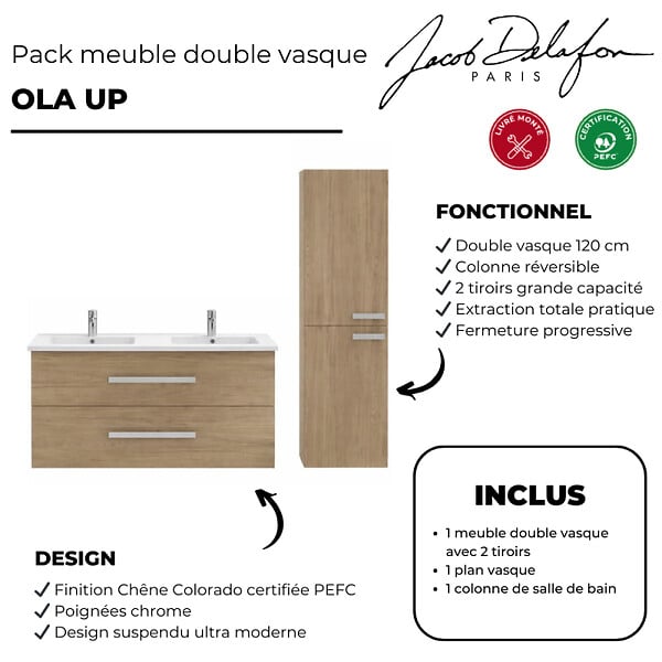 JACOB DELAFON - Meuble double vasque 120 cm Ola up + colonne de salle de bain chêne - large