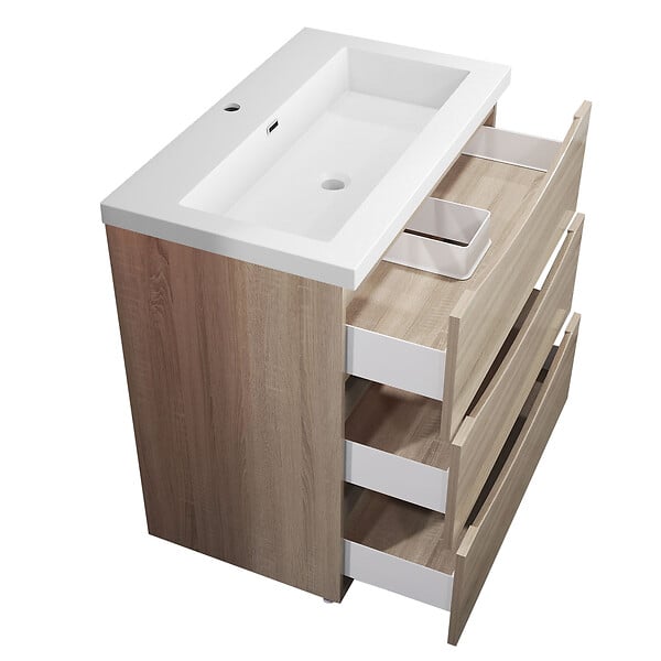 AICA SANITAIRE - Meuble de salle de bain 80 cm, 3 tiroirs, MDF brilliant chêne, avec vasque + pieds - large
