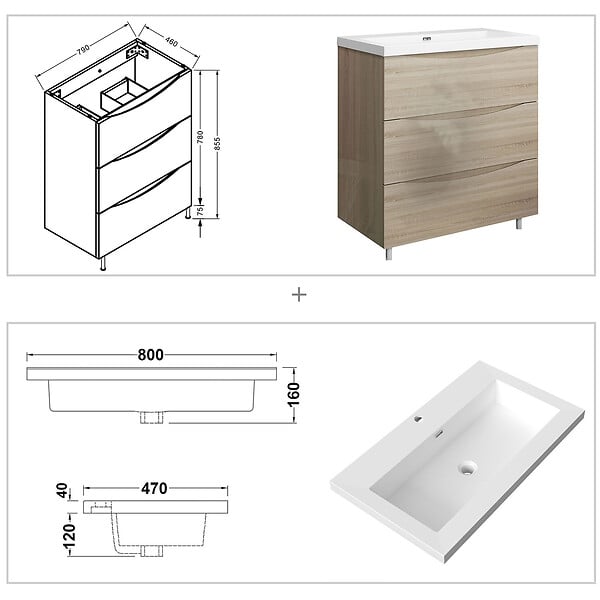 AICA SANITAIRE - Meuble de salle de bain 80 cm, 3 tiroirs, MDF brilliant chêne, avec vasque + pieds - large