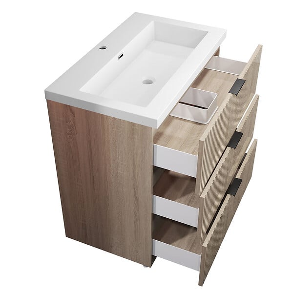 AICA SANITAIRE - Meuble de salle de bain à poser au sol brilliant 80 cm, 3 tiroirs, MDF chêne, avec vasque + pieds - large