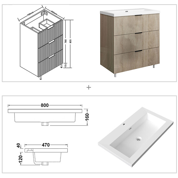 AICA SANITAIRE - Meuble de salle de bain à poser au sol brilliant 80 cm, 3 tiroirs, MDF chêne, avec vasque + pieds - large