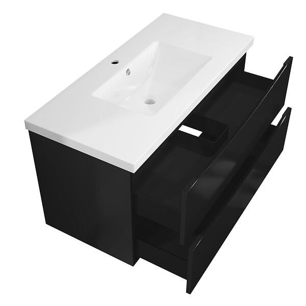 AICA SANITAIRE - Meuble de salle de bain suspendu 100 cm, 2 tiroirs, avec vasque,MDF noir - large