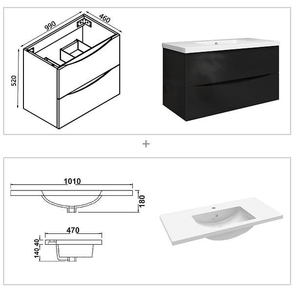 AICA SANITAIRE - Meuble de salle de bain suspendu 100 cm, 2 tiroirs, avec vasque,MDF noir - large