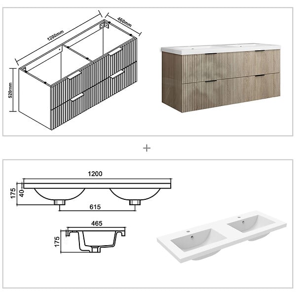 AICA SANITAIRE - Meuble de salle de bain suspendu 120 cm, 4 tiroirs, avec vasque,MDF chêne - large