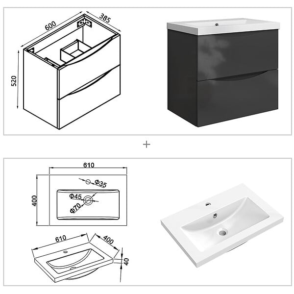 AICA SANITAIRE - Meuble de salle de bain suspendu 60 cm, 2 tiroirs, avec vasque,MDF anthracite - large