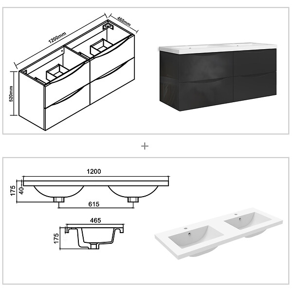 AICA SANITAIRE - Meuble de salle de bain suspendu 120 cm, 4 tiroirs, avec vasque,MDF anthracite brillant - large