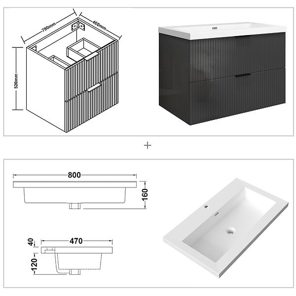 AICA SANITAIRE - Meuble de salle de bain suspendu 80 cm, 2 tiroirs, avec vasque blanche,MDF anthracite brillant - large