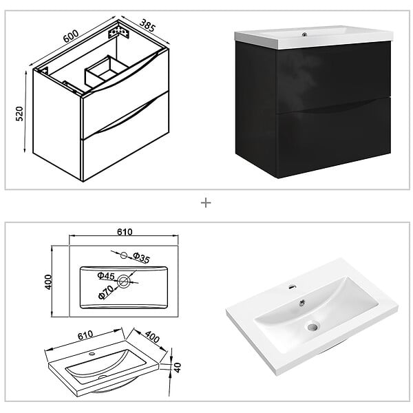 AICA SANITAIRE - Meuble de salle de bain suspendu 60 cm, 2 tiroirs, avec vasque,MDF noir - large