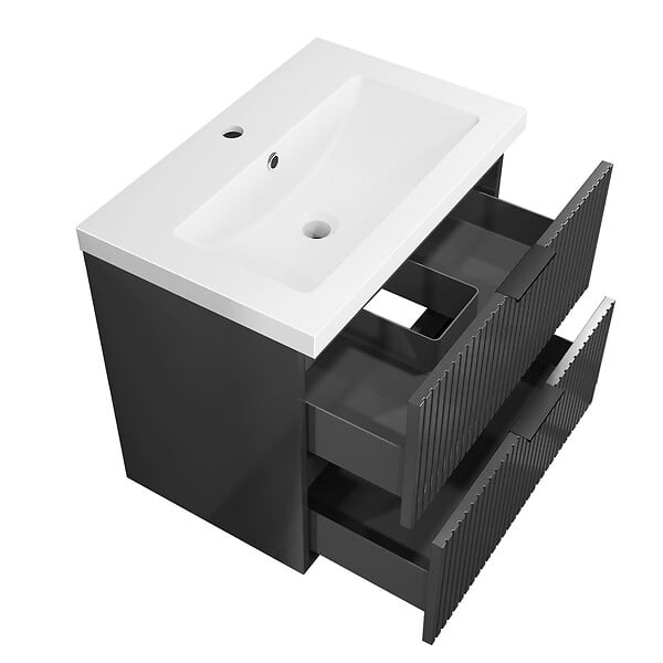 AICA SANITAIRE - Meuble de salle de bain suspendu 60 cm, 2 tiroirs, avec vasque,MDF anthracite brillant - large