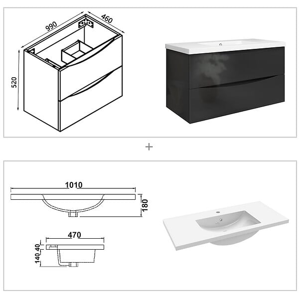 AICA SANITAIRE - Meuble de salle de bain suspendu 100 cm, 2 tiroirs, avec vasque,MDF anthracite - large