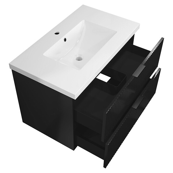 AICA SANITAIRE - Meuble de salle de bain suspendu 80 cm, 2 tiroirs, avec vasque,MDF noir brillant - large
