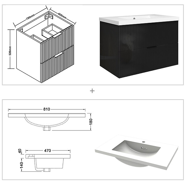 AICA SANITAIRE - Meuble de salle de bain suspendu 80 cm, 2 tiroirs, avec vasque,MDF noir brillant - large