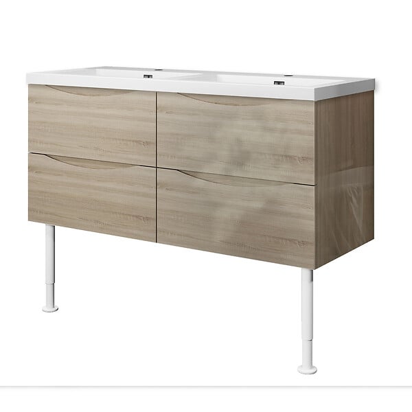 AICA SANITAIRE - Meuble de salle de bain 120 cm, 4 tiroirs, MDF brilliant chêne, avec vasque + pieds - large