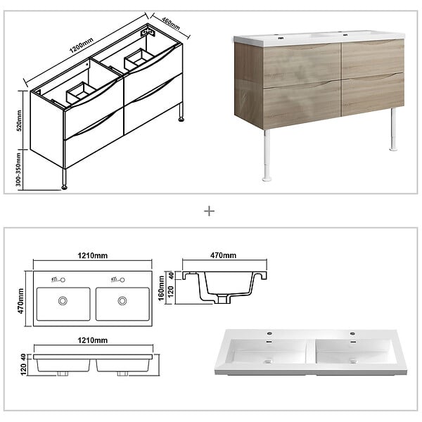 AICA SANITAIRE - Meuble de salle de bain 120 cm, 4 tiroirs, MDF brilliant chêne, avec vasque + pieds - large
