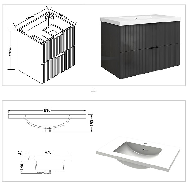 AICA SANITAIRE - Meuble de salle de bain suspendu 80 cm, 2 tiroirs, avec vasque,MDF anthracite brillant - large